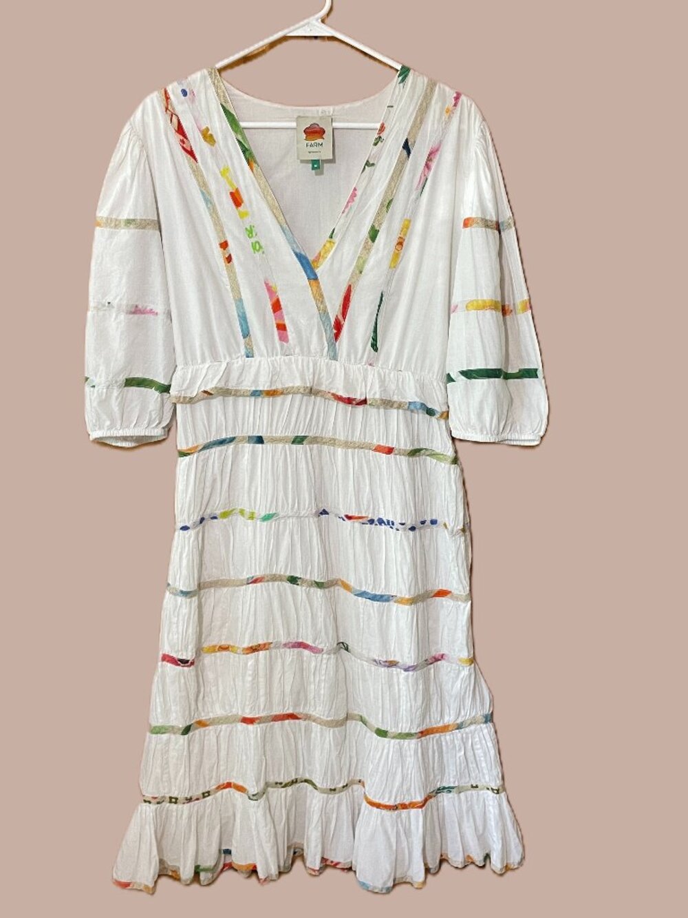 FARM Rio White Tiered Midi Dress w/ Colorful Ribbon Trim Size M